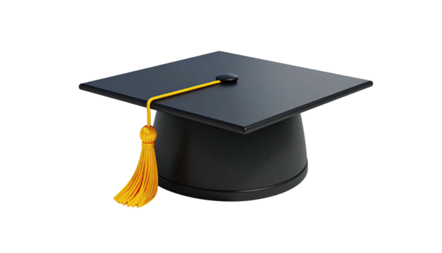 A 3D rendering of a graduation cap with a yellow tassel on a black background