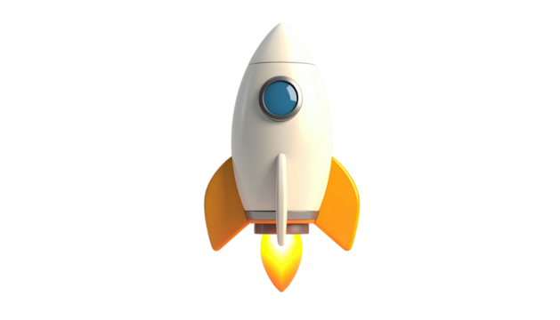 A cartoonish rocketship with orange fins, blue window, and flames against black