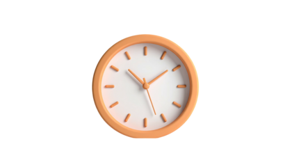 Circular clock with peach-colored frame, white face, and orange hands against black background
