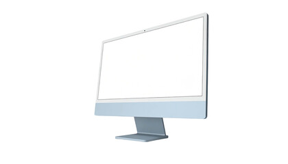 Light blue desktop computer, white screen, angled perspective, black background