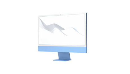 A light blue computer monitor displays an abstract graph against a dark background