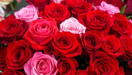 A vibrant close-up view of a bouquet of red and pink roses