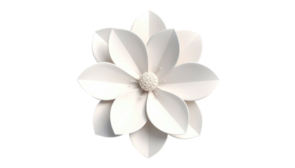 Digitally rendered, pristine white flower in bloom, isolated on black background