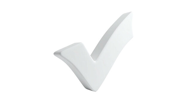A white, 3D rendered checkmark floats against a stark black background