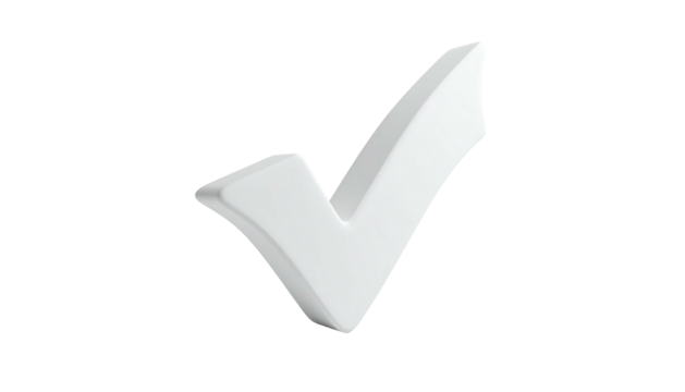 A white, 3D rendered checkmark floats against a stark black background
