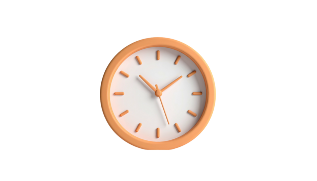 Circular clock with peach-colored frame, white face, and orange hands against black background - Powered by Adobe