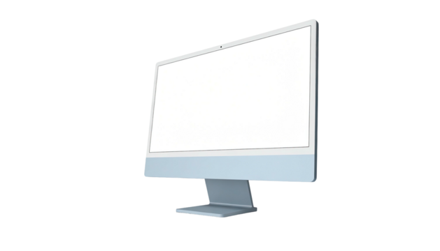 Light blue desktop computer, white screen, angled perspective, black background
