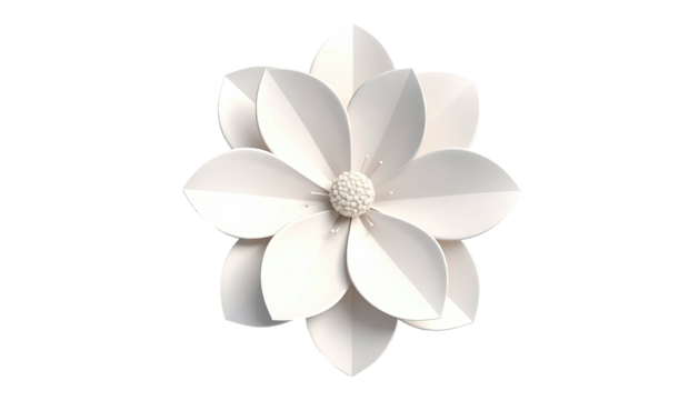 Digitally rendered, pristine white flower in bloom, isolated on black background