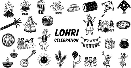 Lohri Celebration Doodle Set: Traditional Indian Festival with Bonfires, Sweets, Kites and Dancing