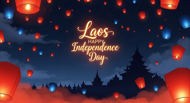 Laos Independence Day Celebration: Floating Lanterns Over Silhouette Temples - Powered by Adobe