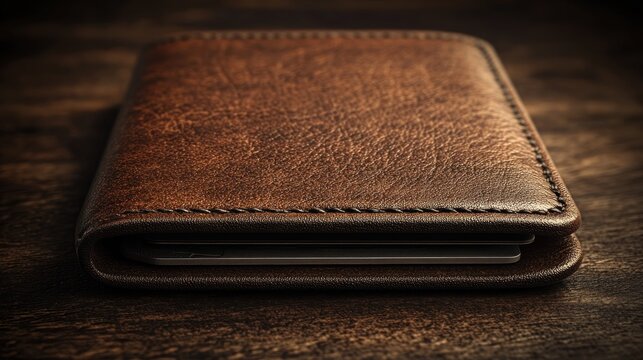 Brown leather wallet on wooden surface