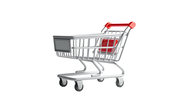 Isolated render of a shopping cart, showing a red handle, on a black background - Powered by Adobe