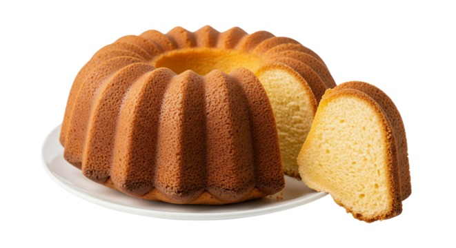 A medium-angle shot of a classic golden-brown bundt cake, with a single slice cut out and placed beside it, all resting on a white ceramic plate, white background isolated