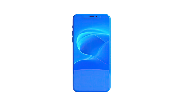 Bright blue smartphone with a flowing light display against a stark black backdrop