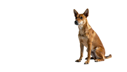 A medium-sized dog sits, alert, its brown fur contrasting against a black backdrop