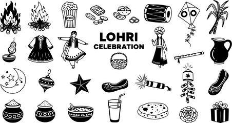 Lohri Celebration Doodle Set - Hand-Drawn Icons of Traditional Punjabi Harvest Festival Elements, Food, Bonfire, Dance, and Cultural Symbols on White Background