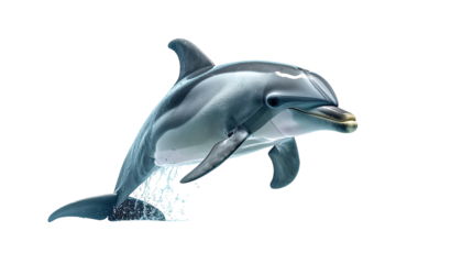 A sleek, aquatic mammal leaps in the air, set against a black background