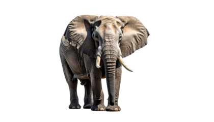 Majestic, frontal view of an elephant with large ears and ivory tusks, isolated