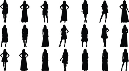 Collection of female silhouettes in various standing poses, editable vector icons for fashion, lifestyle, posture, dress, and design themes