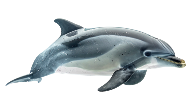 A luminous dolphin, partially transparent, gracefully swims against a stark black backdrop