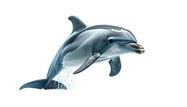 A sleek, aquatic mammal leaps in the air, set against a black background