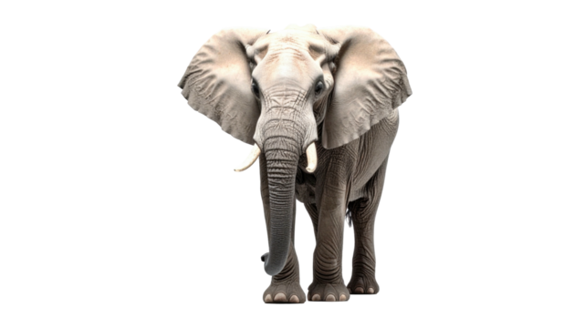 A majestic African elephant, facing forward, against a clean black background