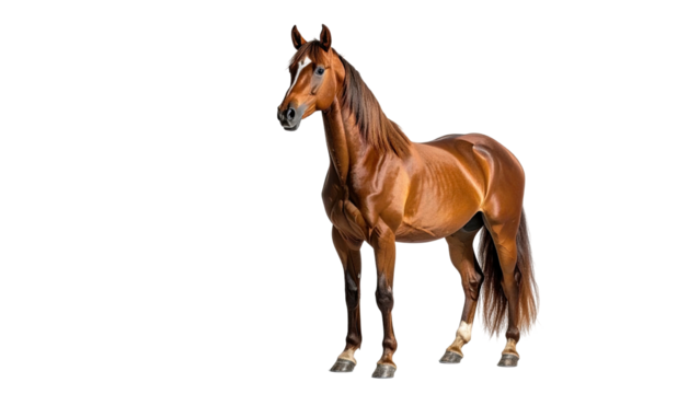 Majestic chestnut horse, standing, looking alert, with a lush mane and tail, on black
