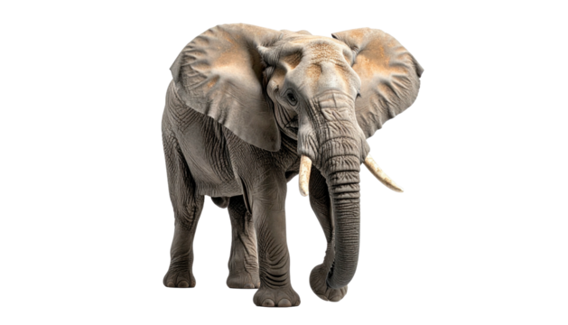 A majestic African elephant strides forward, tusk and trunk prominent