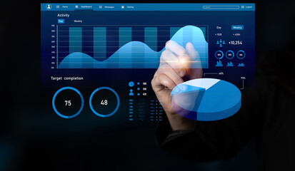 Interactive digital interface showcasing data visualization with graphs and charts, perfect for business reports and performance analysis in a modern workspace. Impute