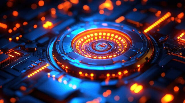Close-up futuristic tech circle, glowing