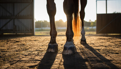 Close-up of horse legs and hooves standing on stable floor in morning light