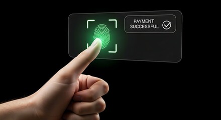 Finger scans payment terminal confirming successful transaction on black background, symbolizing secure and modern financial technology.