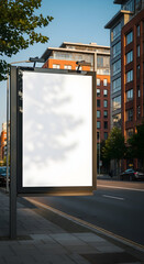 Vertical blank billboard display on a sunny city street, ready for your advertising design and message