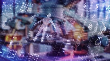 Rotating 3D human body model with data analysis and numbers - Powered by Adobe