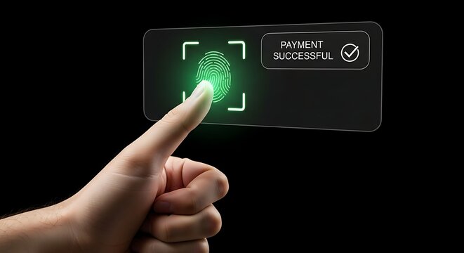 Finger scans payment terminal confirming successful transaction on black background, symbolizing secure and modern financial technology.