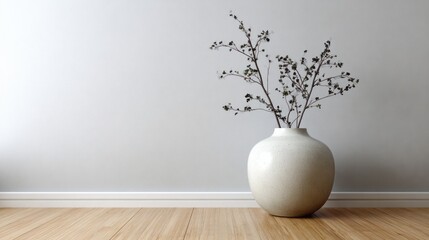 A neutral vase holds delicate branches against a plain wall.