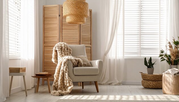 Cozy living room interior with a neutral color scheme and natural light, perfect for relaxation