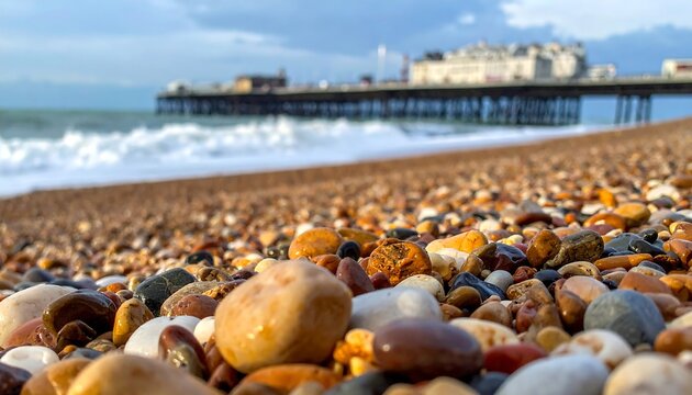 Close-up of beach pebbles, ocean waves, and pier in background