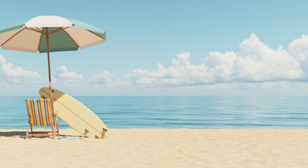 Obraz premium Serene beach scene featuring a surfboard, chair, and umbrella against the ocean