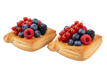 A low-angle, close-up shot of two exquisite square puff pastries, generously topped with an assortment of fresh berries, casually arranged on a pure white background