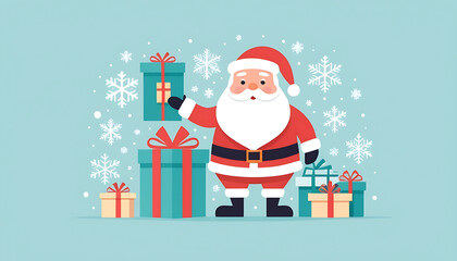 pastel minimalist illustration of Santa Claus with gift boxes and snowflakes