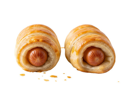 Two freshly baked pigs in a blanket, featuring plump, golden-brown sausages partially wrapped in flaky, golden-brown puff pastry, white background isolated - Powered by Adobe