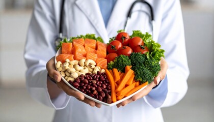 Nutritionist holding healthy food plate promoting balanced diet and wellness