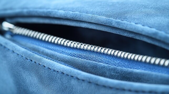 Close-up of a light-blue fabric pocket with a zipper