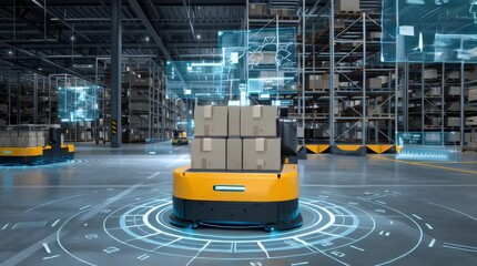 a high-tech warehouse with an ai-powered robotic vehicle moving boxes, surrounded by digital screens displaying data and graphs on the floor, symbolizing dynamic smart logistics management in the mode - Powered by Adobe
