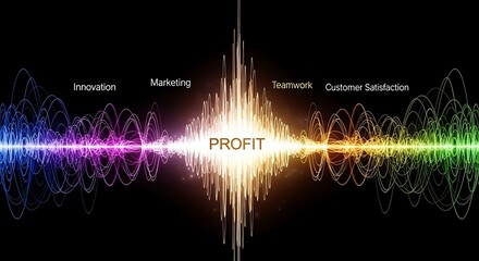 Energetic visualization of business success, showing innovation, marketing, teamwork, and customer satisfaction as key drivers for achieving sustainable profit and growth
