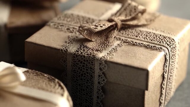 Gift Boxes with Ribbons: Intricately designed gift boxes, wrapped with elegant ribbons and lace, offering a glimpse into the art of thoughtful gifting and anticipation.