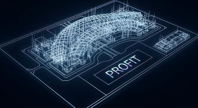 Digital architectural blueprint showcasing a detailed wireframe building design alongside the word 'PROFIT', symbolizing strategic technological investment and successful business growth