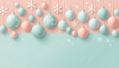 illustration of minimalist pastel Christmas background with soft decorations, snowflakes, baubles, ribbons, and gentle festive colors