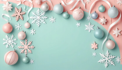 illustration of minimalist pastel Christmas background with soft decorations, snowflakes, baubles, ribbons, and gentle festive colors